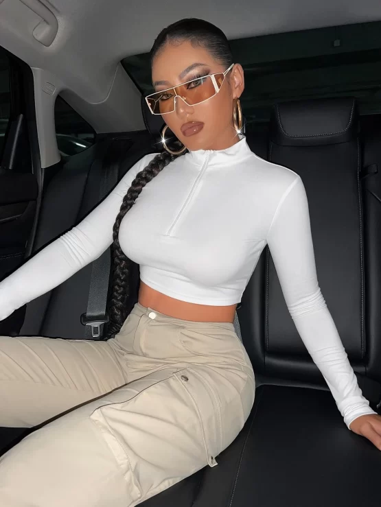 Mock Neck Stand Collar Half Zip Crop Tee