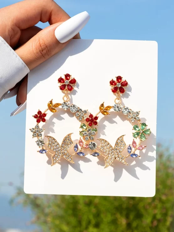 Rhinestone Flower & Butterfly Decor Drop Earrings