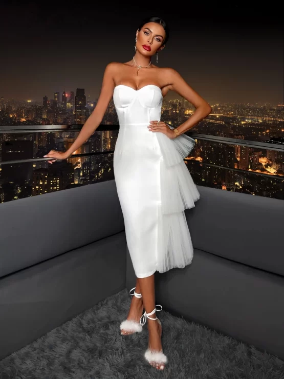Contrast Mesh Split Back Bustier Tube Dress