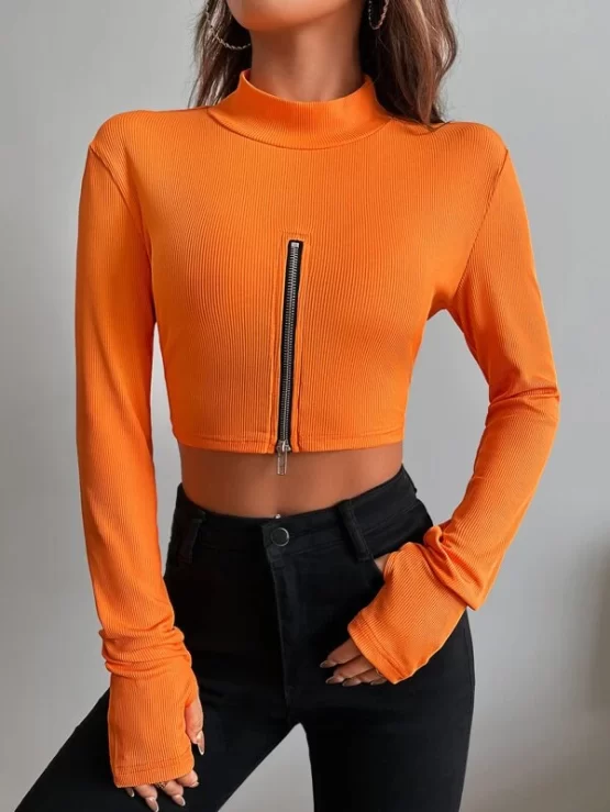 Rib-knit Zipper Front Thumb Holes Crop Tee