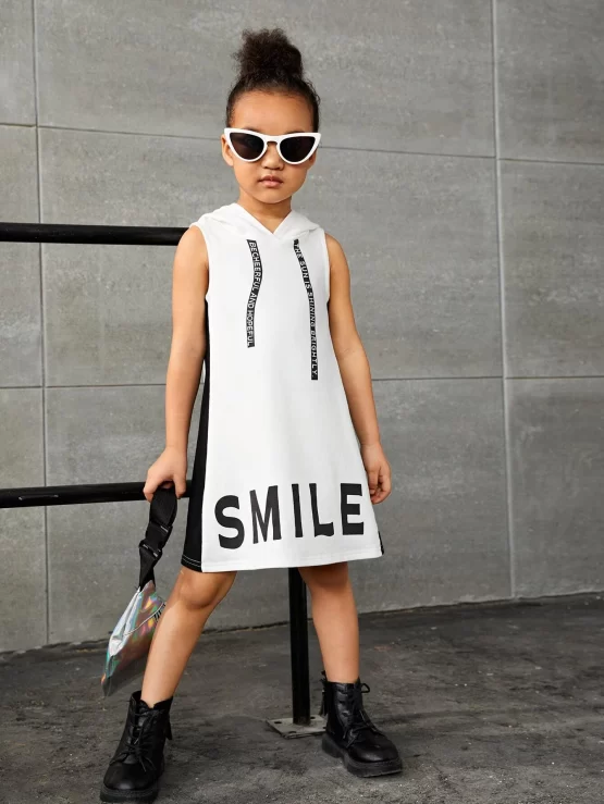 Toddler Girls Letter Graphic Hooded Tank Sleeve Dress