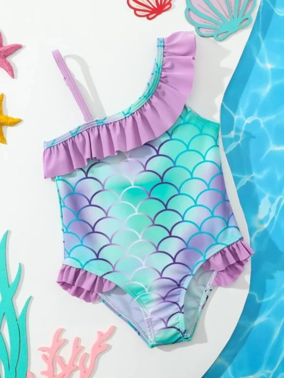 Baby Girl Ombre Fish Scale Print Ruffle Trim One Piece Swimsuit