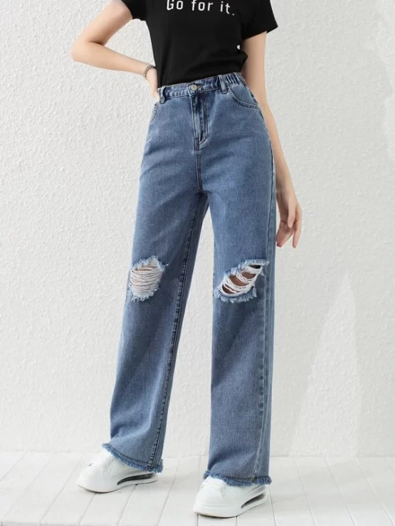 Teen Girls Raw Hem Ripped Straight Leg Jeans