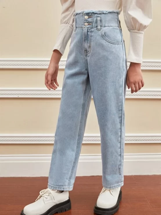 Girls Raw Trim Wide Waistband Pocket Jeans
