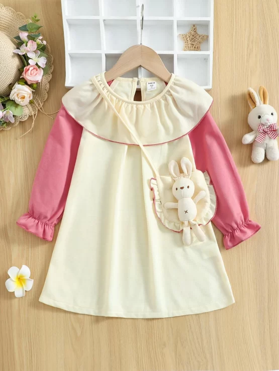 Toddler Girls Colorblock Flounce Sleeve Keyhole Back Dress With Bag