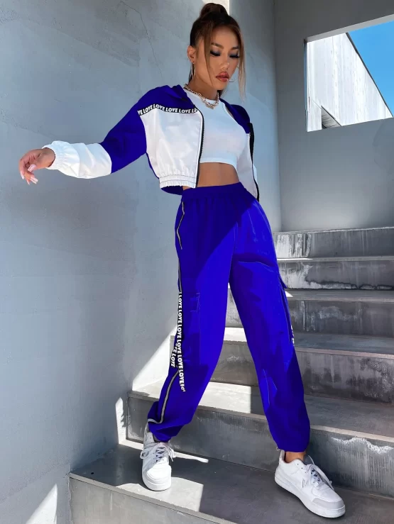 Color Block Contrast Letter Tape Drop Shoulder Hooded Jacket & Pants