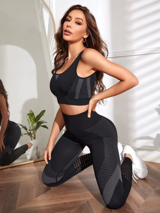 Striped Plain Print Hollow Cut Out Sports Set