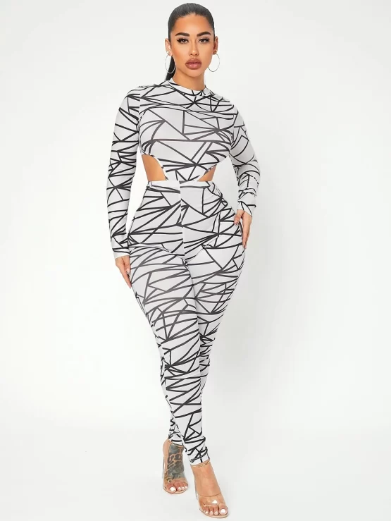 Geometric Print Cut Out Waist Unitard Skinny Jumpsuit