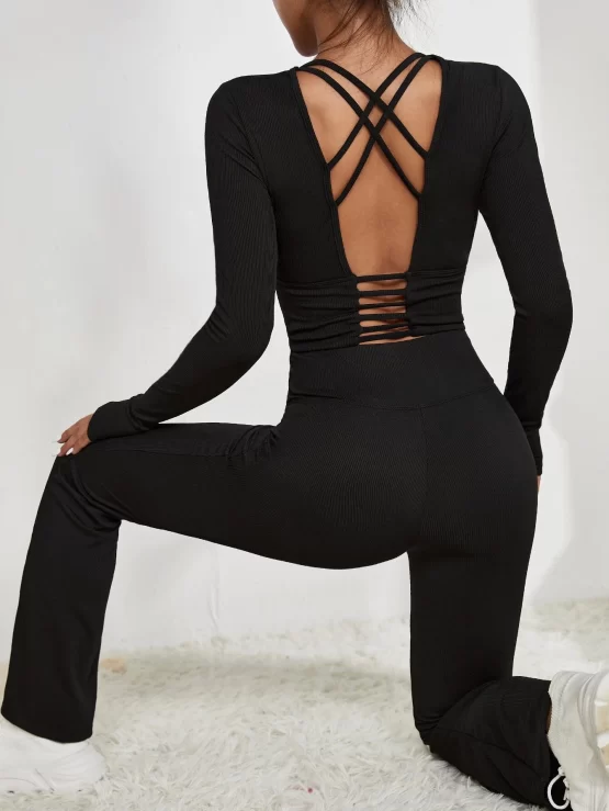 Softness Criss Cross Sports Tee With Thumbhole & Flare Leg Pants Set