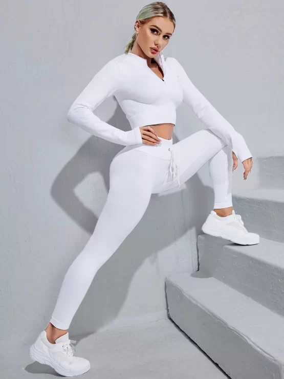 Zipper Drawstring Half Placket Rib-knit Sports Set
