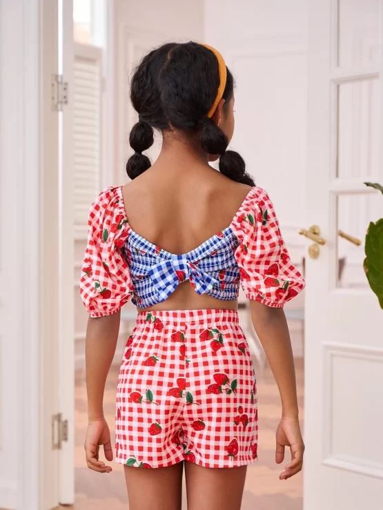 Girls Strawberry And Gingham Bow Back Top And Shorts Set