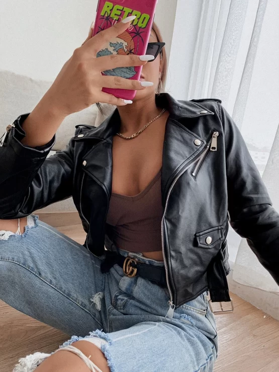 Notch Neck Zip Front Belted PU Leather Jacket