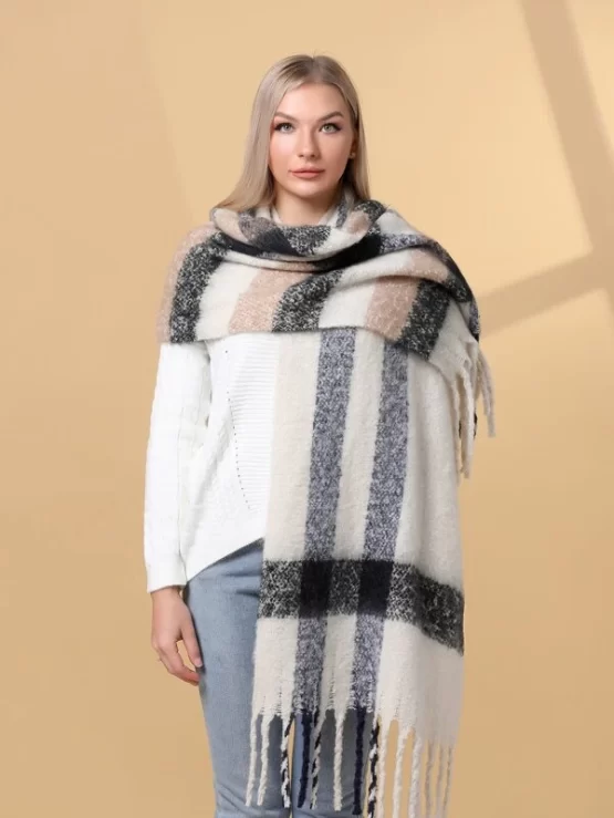 Plaid Casual Fashionable Fringe Trim Pattern Scarf