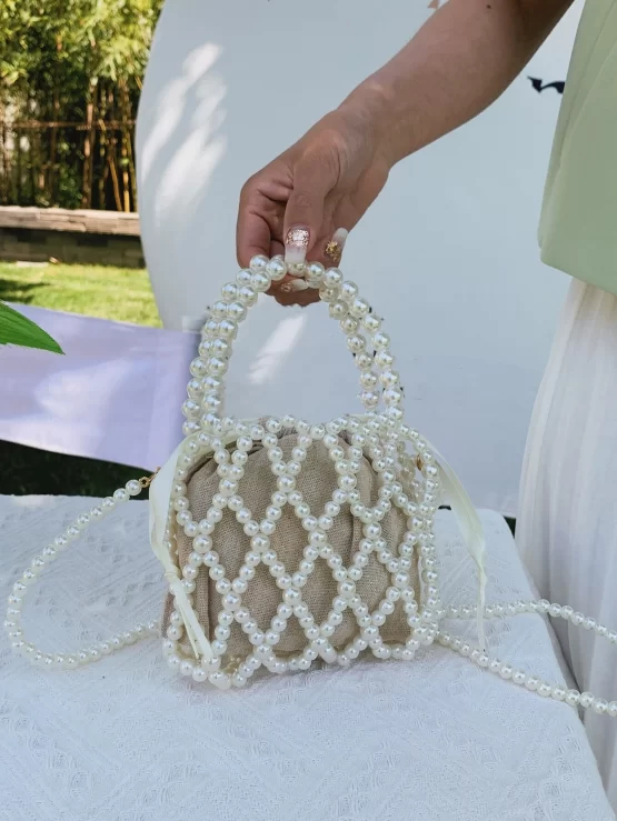 Mini Faux Pearl Decor Drawstring Design Square Bag