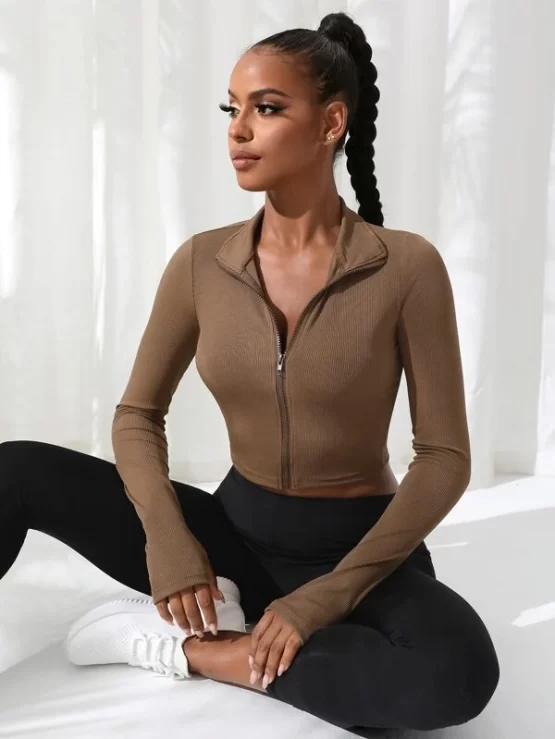 Breathable Zipper Front Marled Knit Sports Jacket