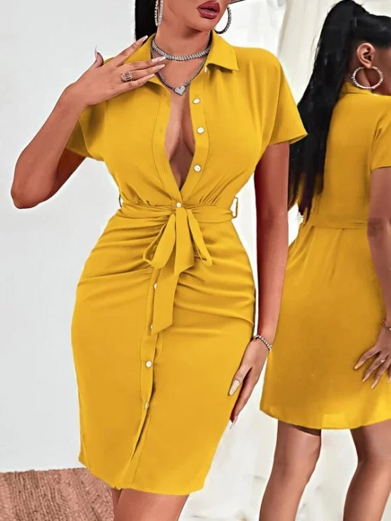 Batwing Sleeve Ruched Button Up Belted Dress