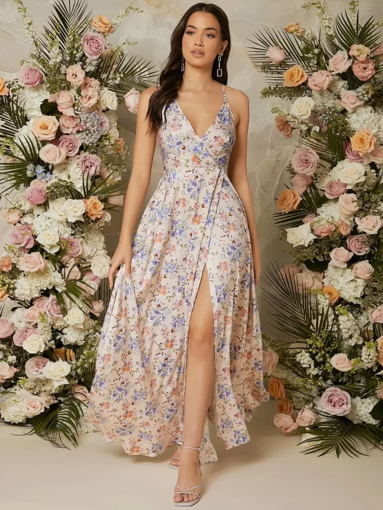 Floral Ditsy Print Wrap Backless Split Thigh Cami Dress