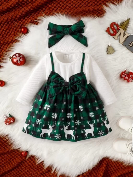 Baby 2 In 1 Gingham & Christmas Print Bow Front Trim Dress With Headband
