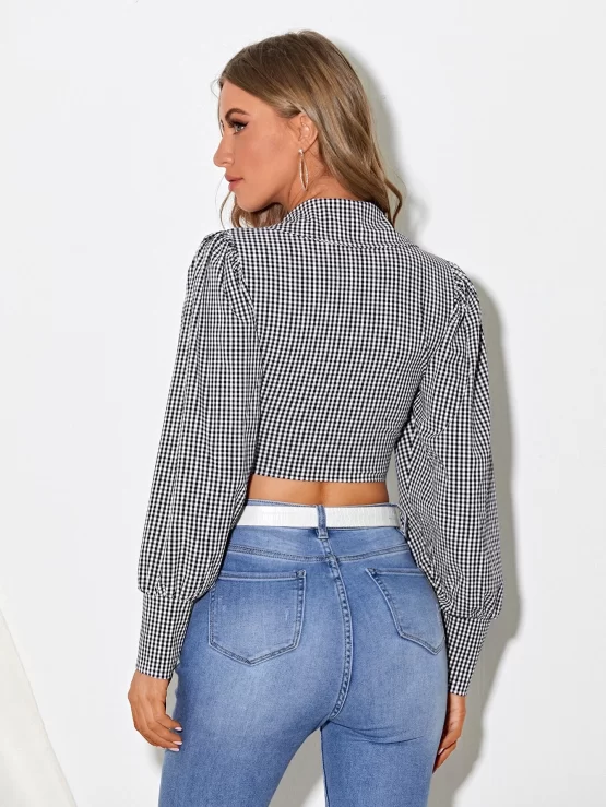 Tie Front Elegant Collar Gingham Crop Top - Image 2