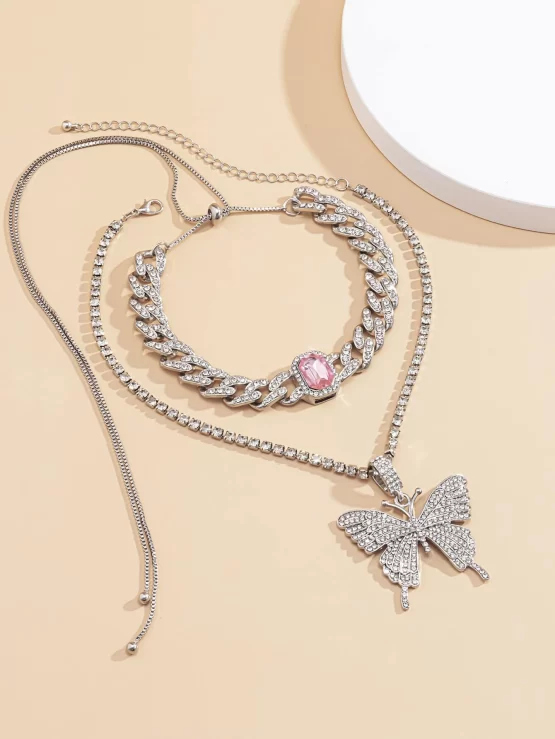 Two Pieces Rhinestone Butterfly Charm Necklace - Image 2
