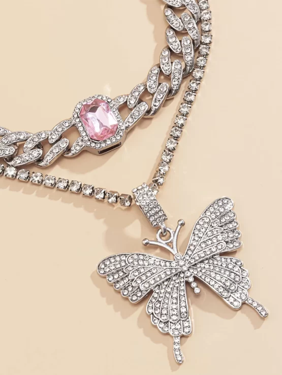 Two Pieces Rhinestone Butterfly Charm Necklace - Image 3