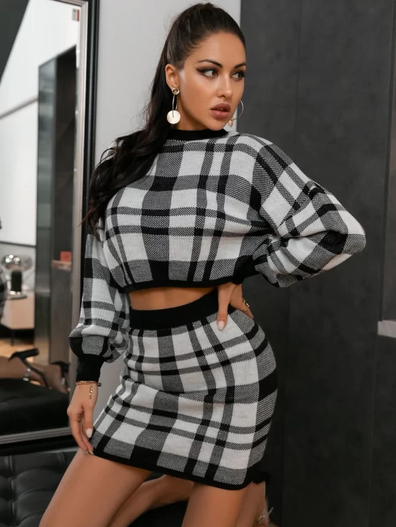 Glamaker Drop Shoulder Plaid Top & Skirt Set - Image 3