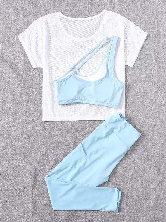 Asymmetrical Neck Sports Bra & Fishnet Tee & Leggings With Phone Pocket - Image 2