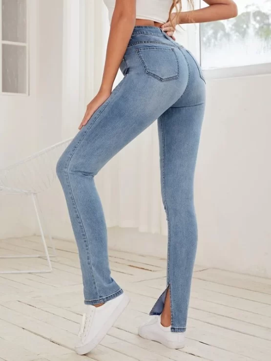 High Waist Zipper Fly Slit Hem Skinny Jeans - Image 2