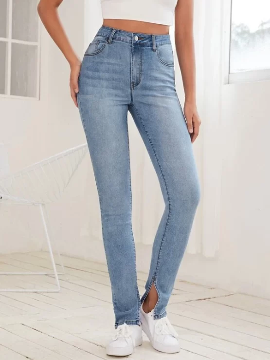 High Waist Zipper Fly Slit Hem Skinny Jeans - Image 3