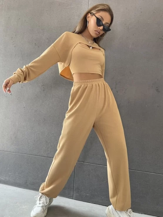 Drop Shoulder High Low Hem Pullover & Sweatpants With Tank Top - Image 3