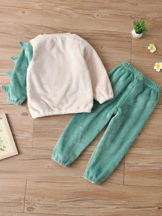 Toddler Boys Cartoon Embroidery 3D Design Patched Flannel Pullover & Sweatpants - Image 3