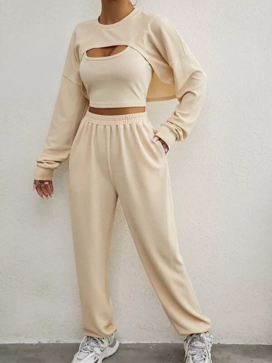 Drop Shoulder High Low Hem Pullover & Sweatpants With Tank Top - Image 7