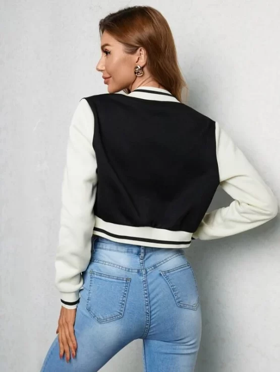 Letter Patched Color Block Varsity Crop Jacket - Image 3