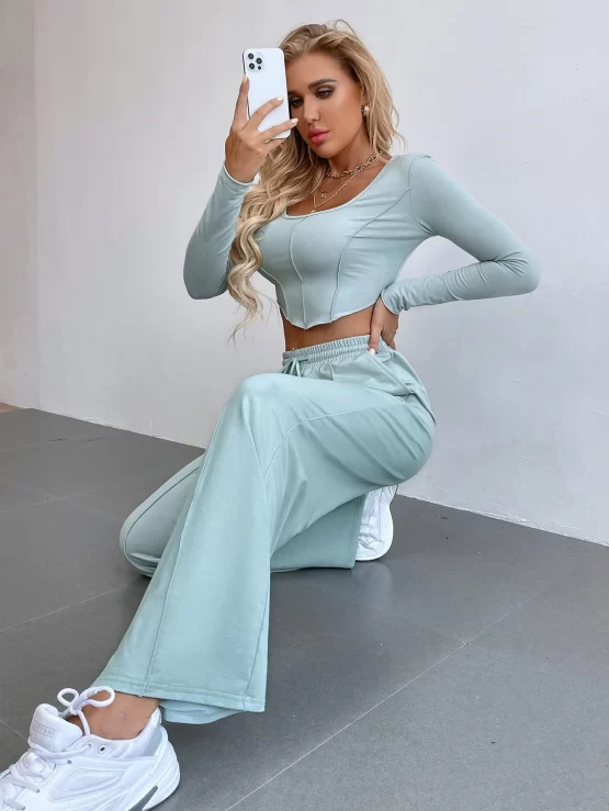 Contrast Stitch Asymmetrical Hem Tee & Drawstring Waist Pants - Image 3