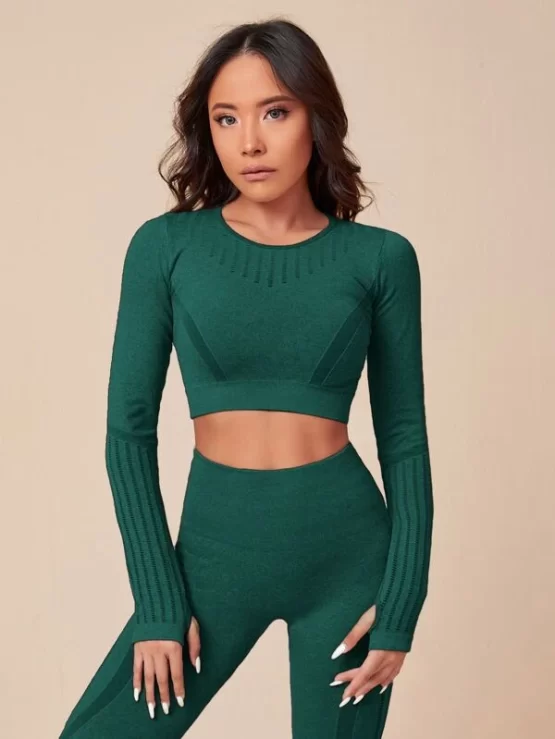 Seamless High Stretch Thumb Holes Sports Tee With Leggings - Image 3