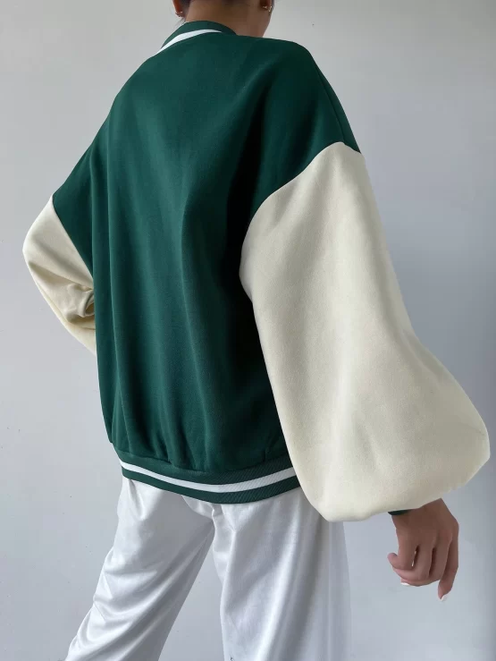 Letter Patch Detail Drop Shoulder Color Block Varsity Hooded Jacket - Image 3
