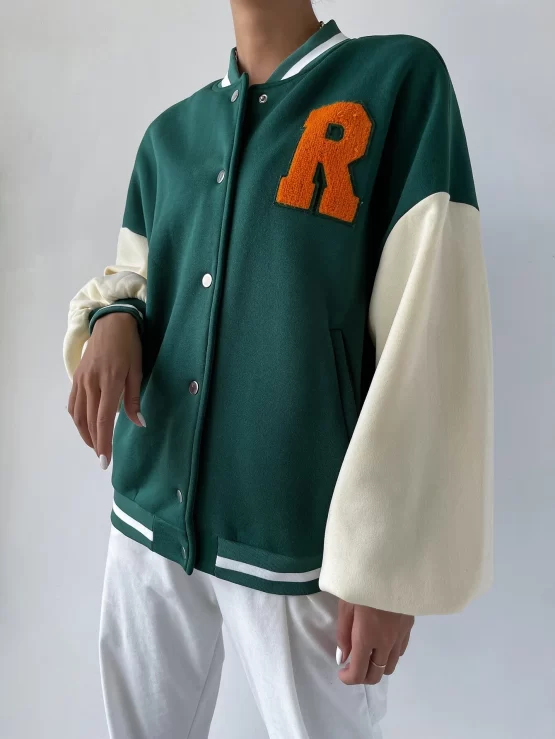 Letter Patch Detail Drop Shoulder Color Block Varsity Hooded Jacket - Image 2