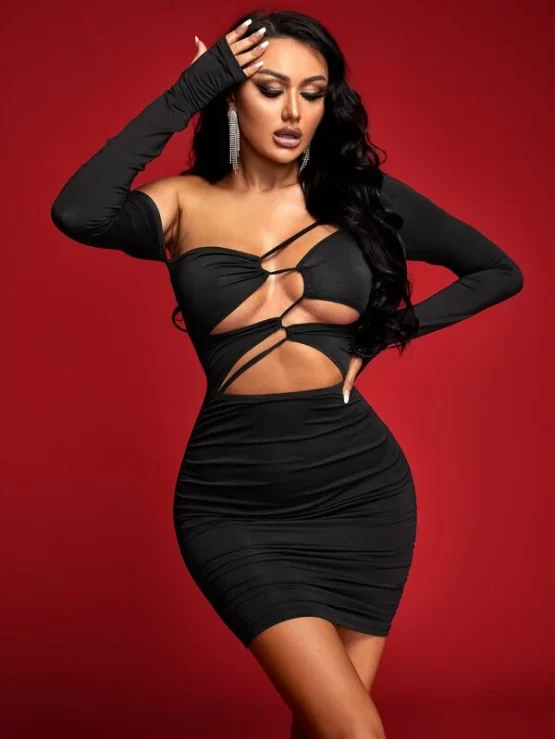 Asymmetric Neck Cut Out Bodycon Dress - Image 5