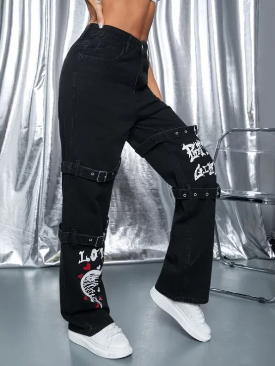 Heart Print Buckle Strap High Waist Jeans - Image 3