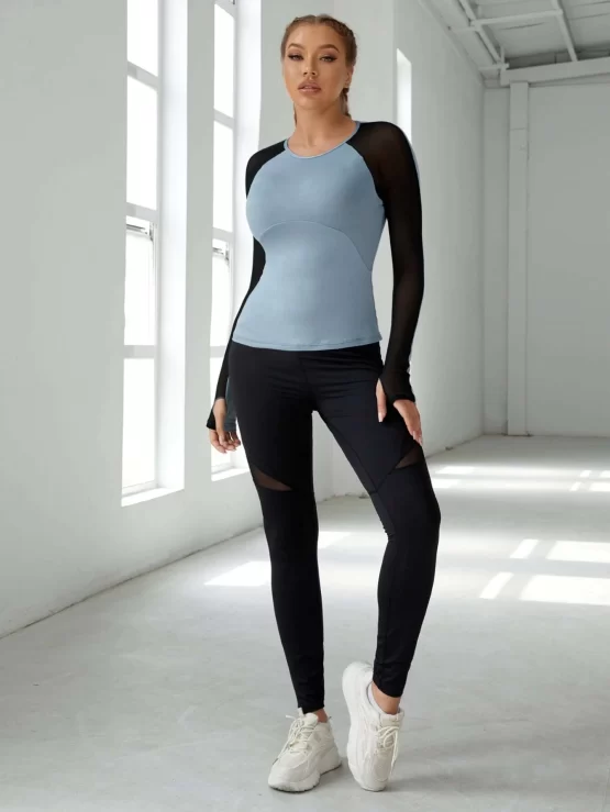 Thumbholes Colorblock Contrast Mesh Raglan Sleeve Sports Tee - Image 3