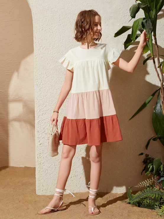 Teen Girls Color Block Flounce Hem Smock Dress - Image 3