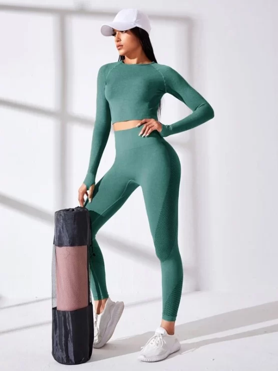 Seamless Thumbholes Top-stitching Raglan Sleeve Sports Set - Image 3
