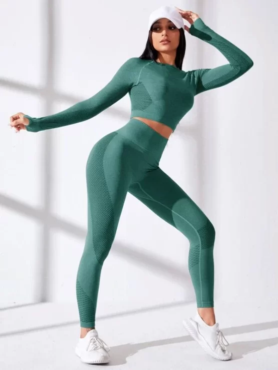 Seamless Thumbholes Top-stitching Raglan Sleeve Sports Set - Image 2