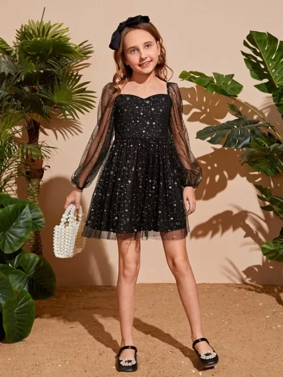 Girls Gold Star Geometric Overlay Mesh Dress - Image 3