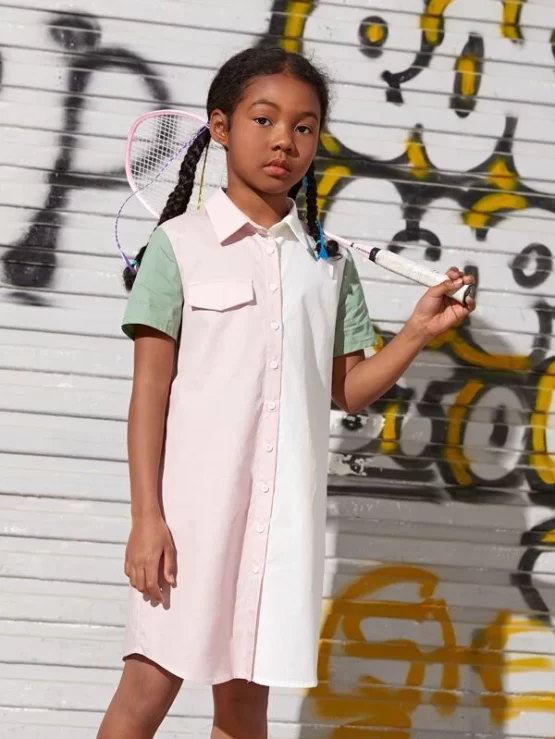 Girls Color Block Flap Detail Shirt Collar Dress - Image 2