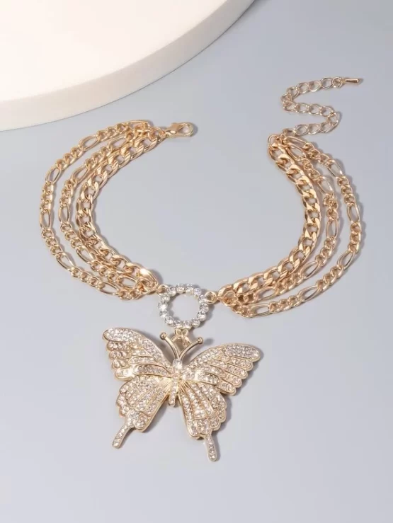 Rhinestone Butterfly Layered Charm Anklet - Image 3