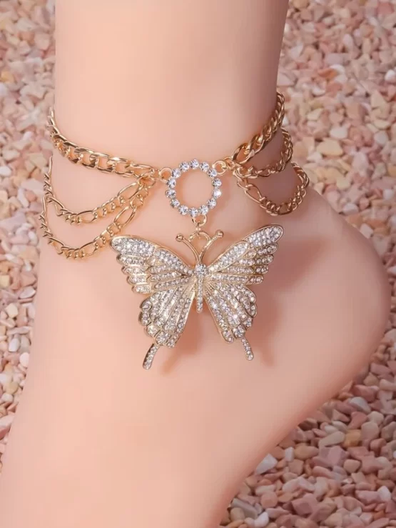 Rhinestone Butterfly Layered Charm Anklet - Image 2