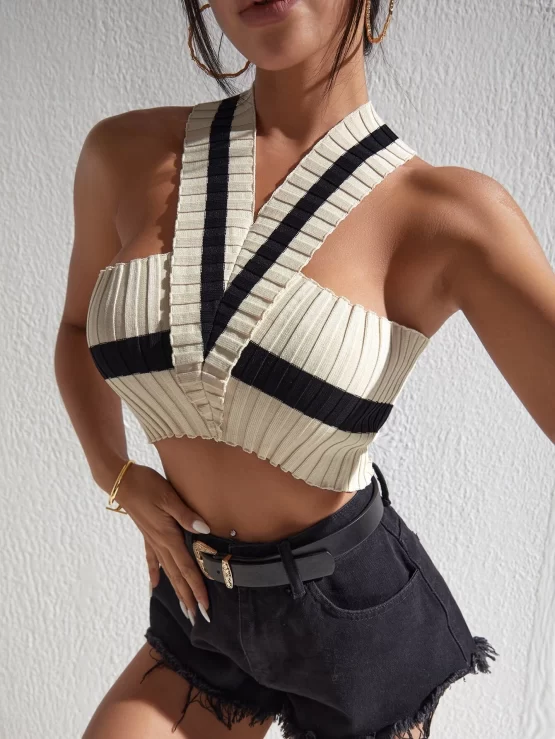 Color Block Crisscross Back Knit Halter Top - Image 3