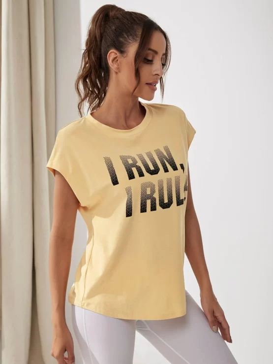 Slogan Regular Graphic Cap Sleeve Sports Tee - Image 3
