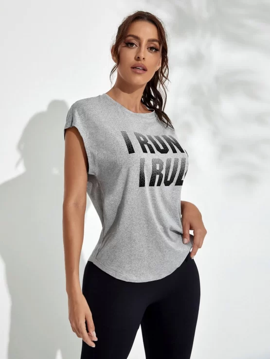 Slogan Regular Graphic Cap Sleeve Sports Tee - Image 5